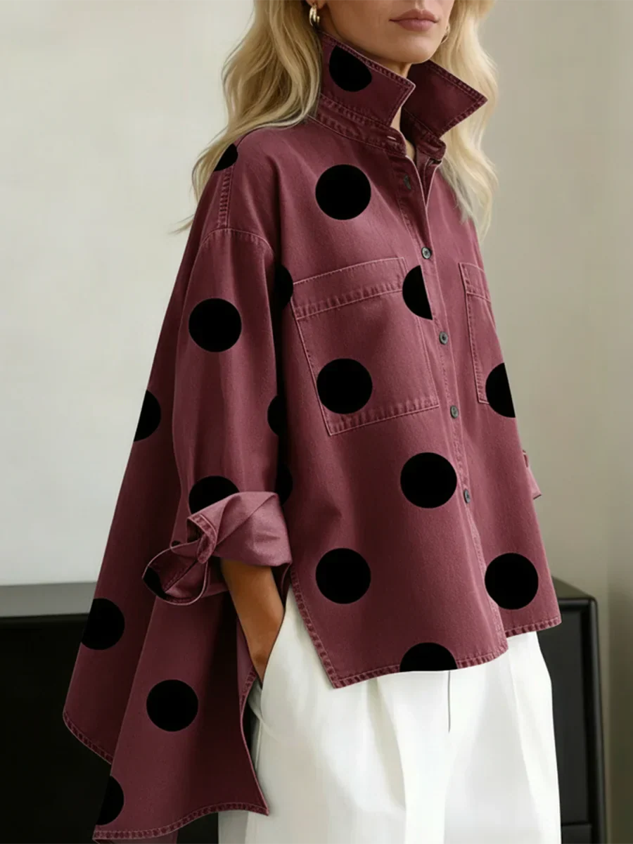 Damen Hemdbluse mit Polka Dots und Brusttaschen