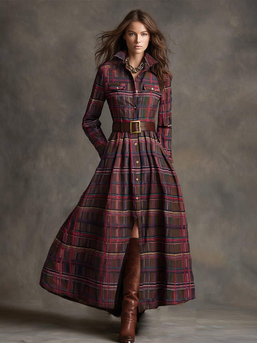 Damen Maxikleid mit Karomuster und Gürtel