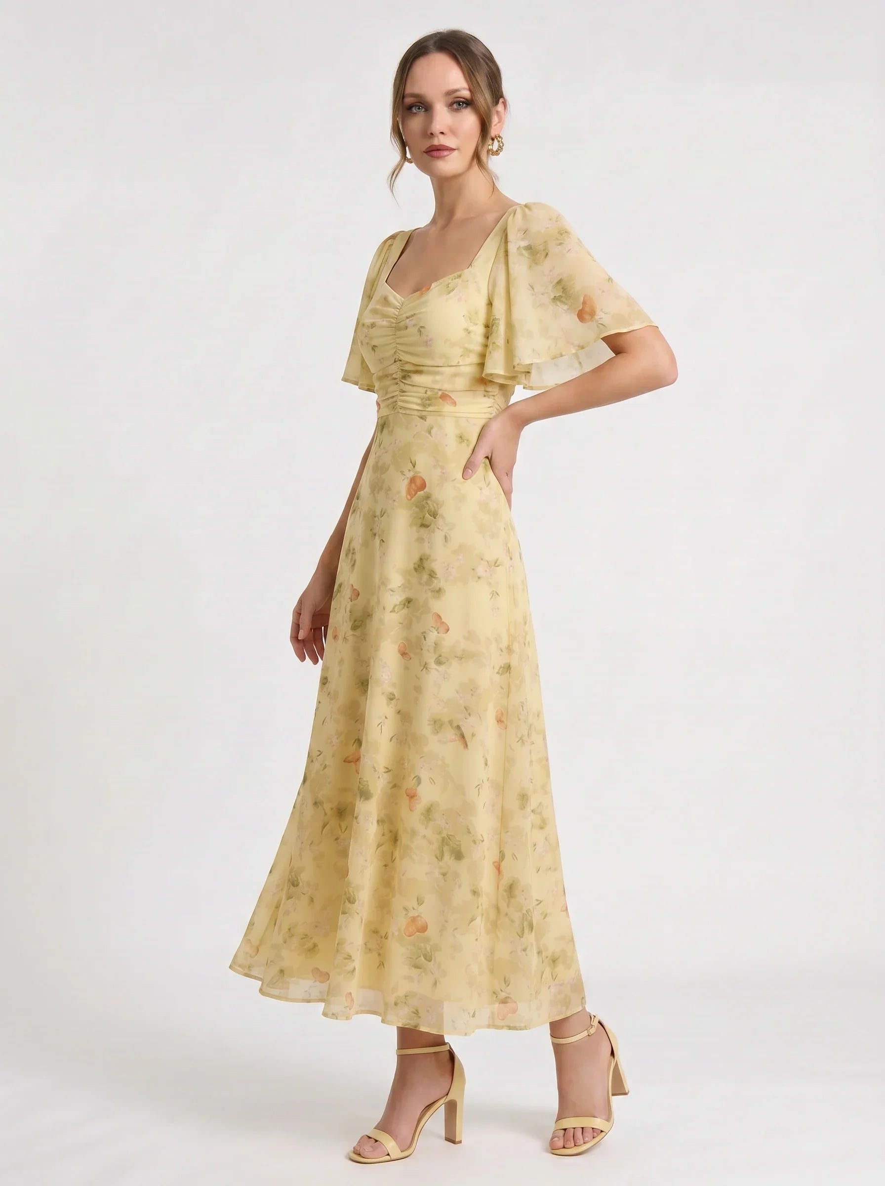 Damen Blumenprint Maxikleid mit Puffärmeln