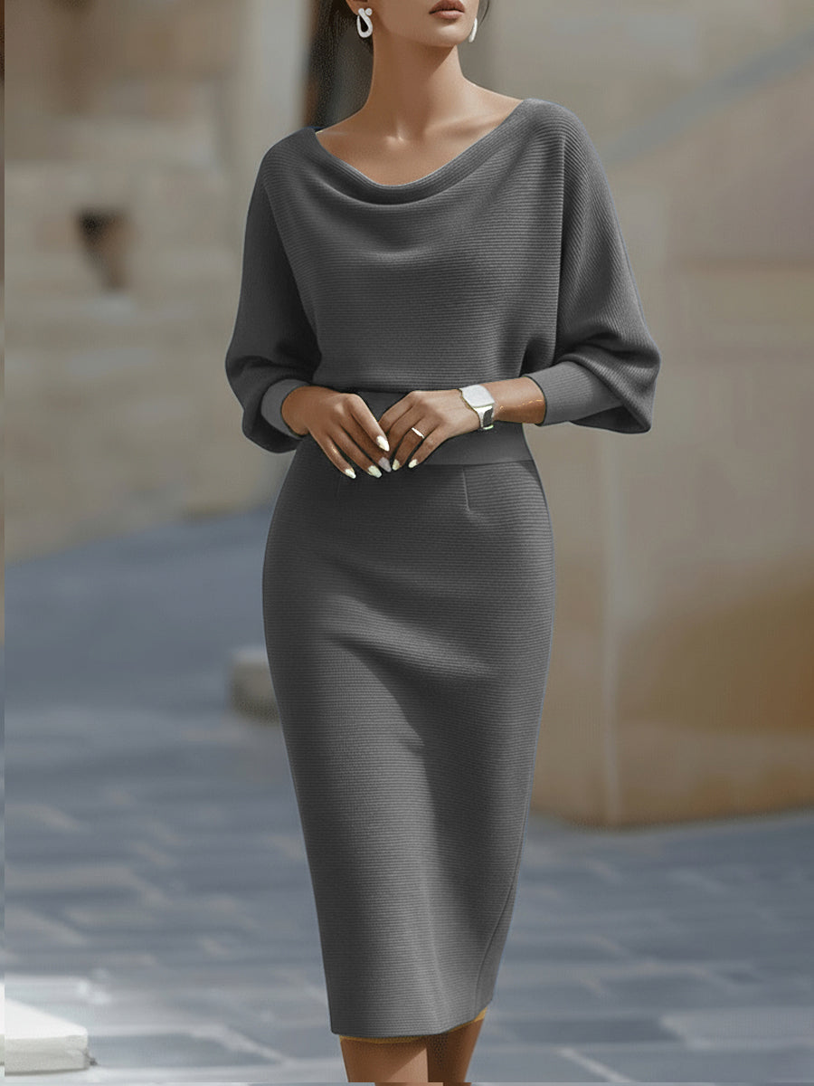 Damen Midikleid mit Rundhalsausschnitt und Fledermausärmeln