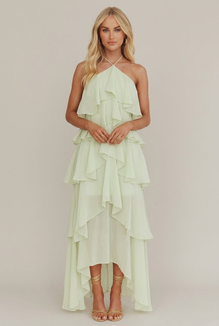 Damen Maxikleid Blumen Halter Gerüscht Etagen