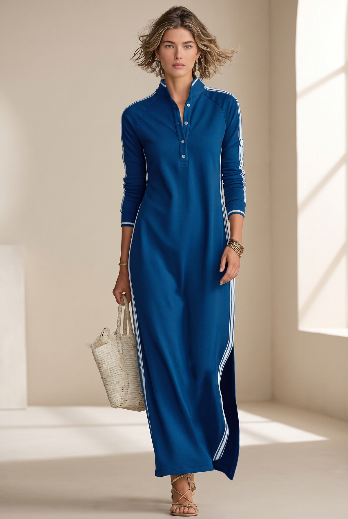 Damen Maxikleid mit Kontrastbesatz und Knopfleiste