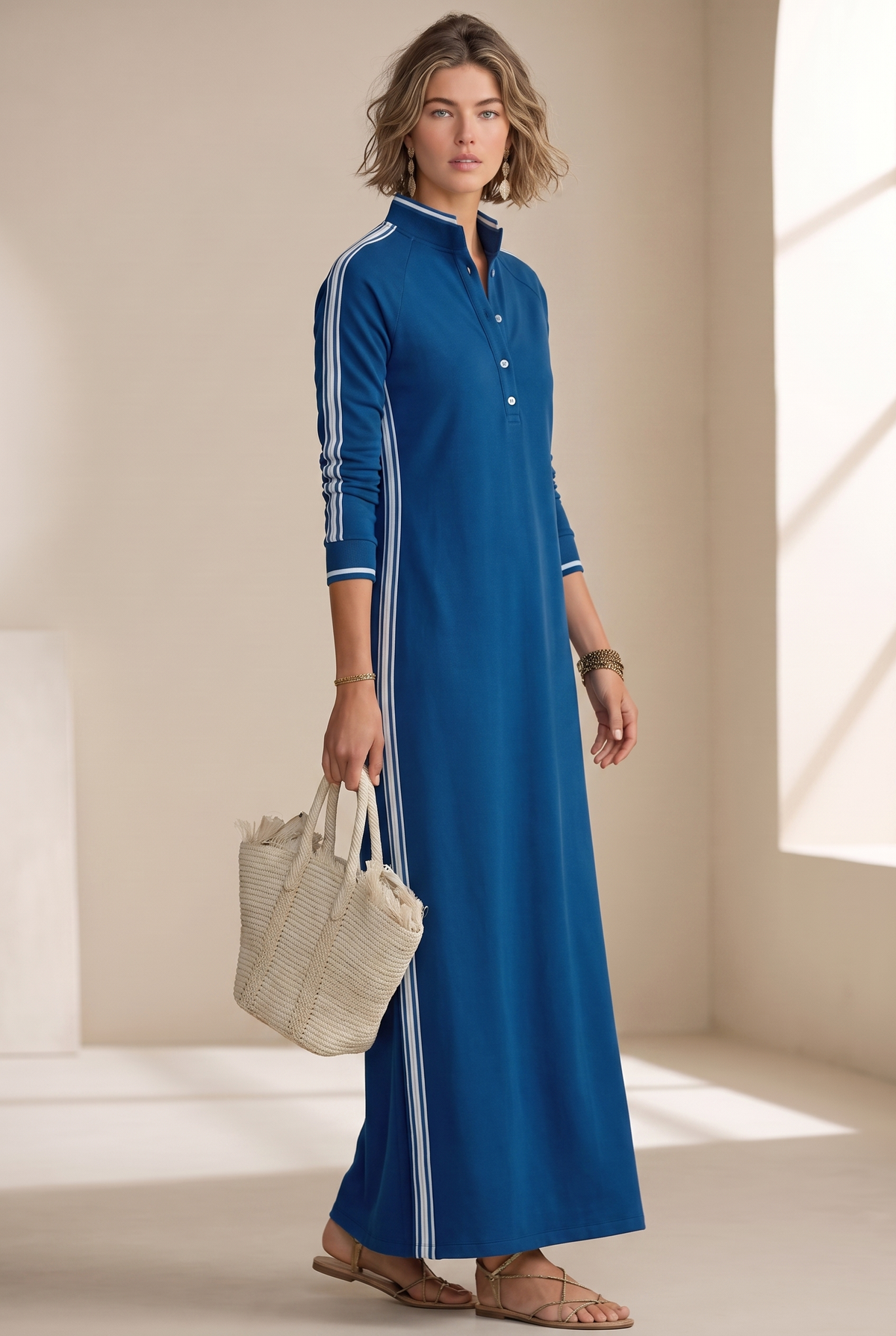 Damen Maxikleid mit Kontrastbesatz und Knopfleiste