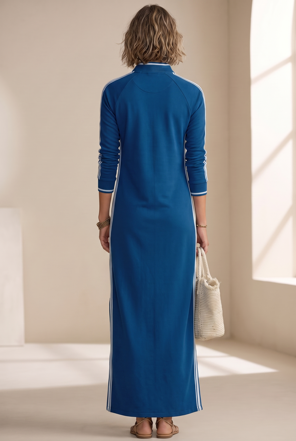 Damen Maxikleid mit Kontrastbesatz und Knopfleiste