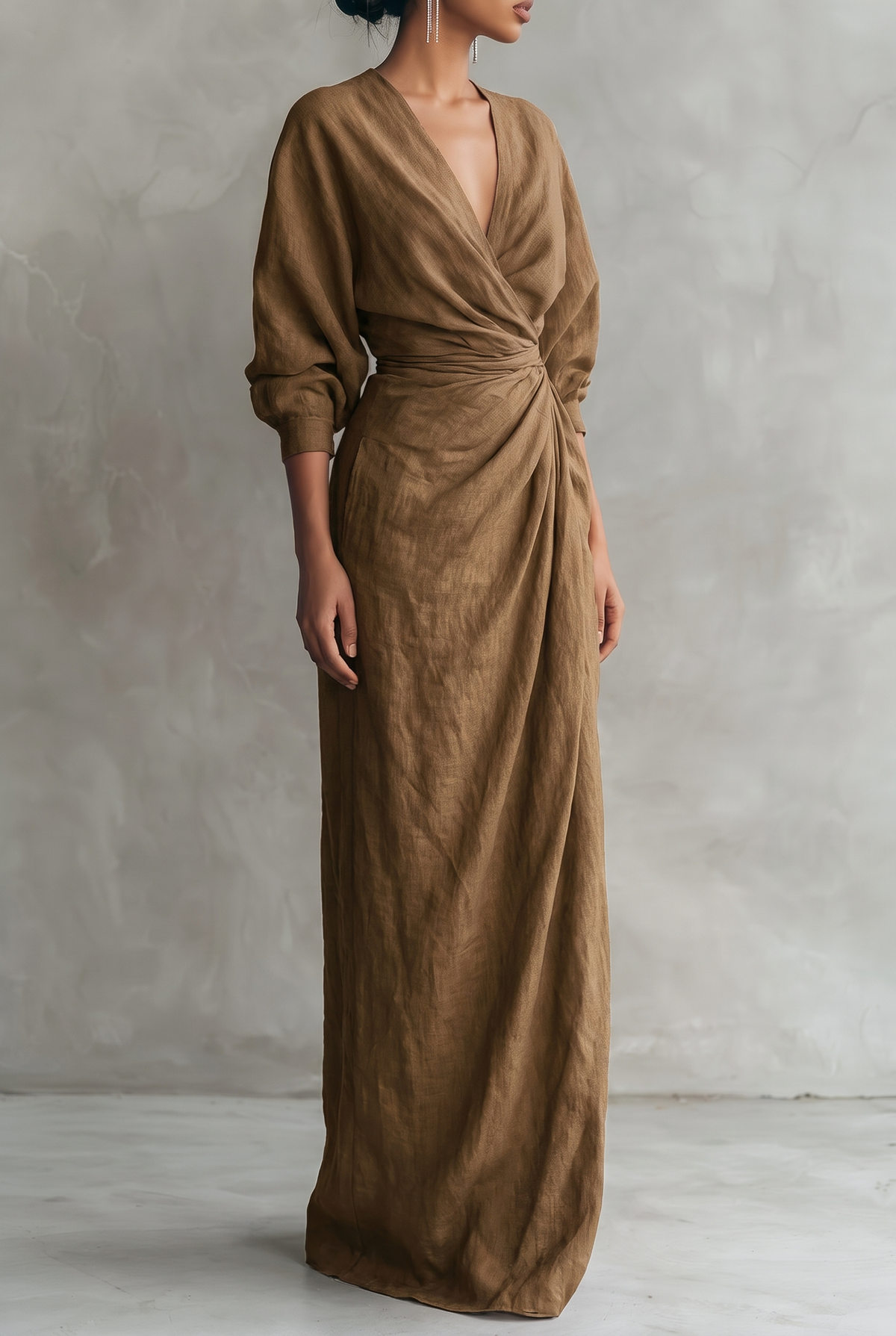 Damen Maxikleid aus Leinenmix mit V-Ausschnitt