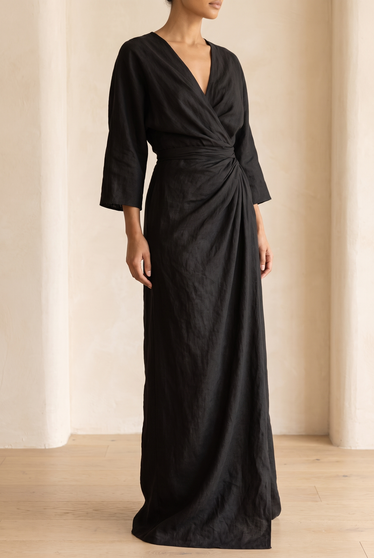 Damen Maxikleid aus Leinenmix mit V-Ausschnitt