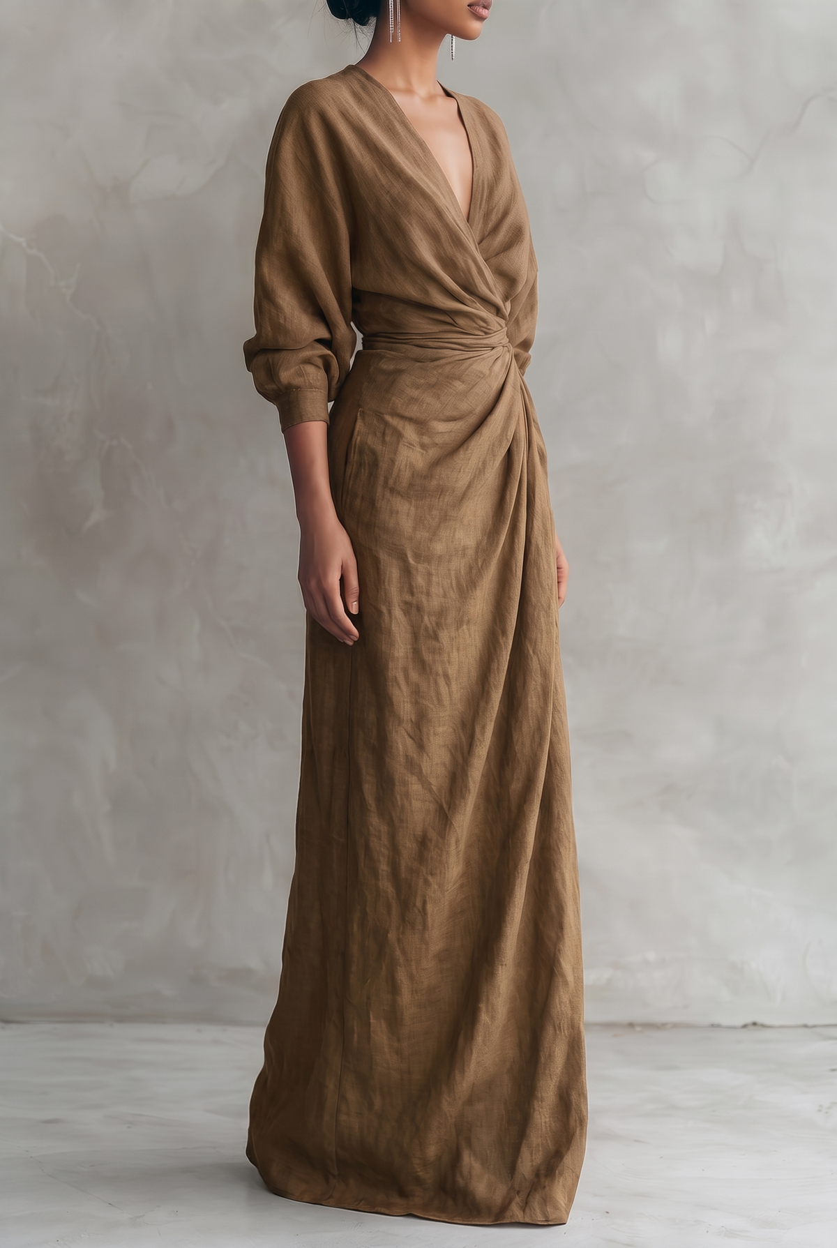 Damen Maxikleid aus Leinenmix mit V-Ausschnitt