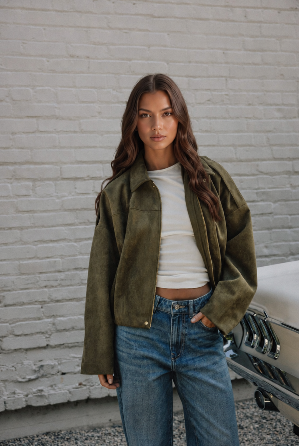 Damen kurze Oversized-Jacke mit Reißverschluss und Umlegekragen