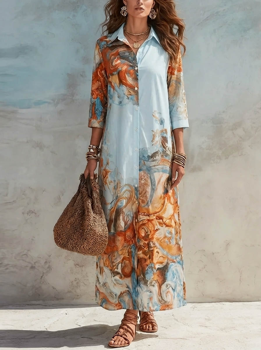 Damen Paisley-Maxikleid in Hellblau mit Hemdkragen