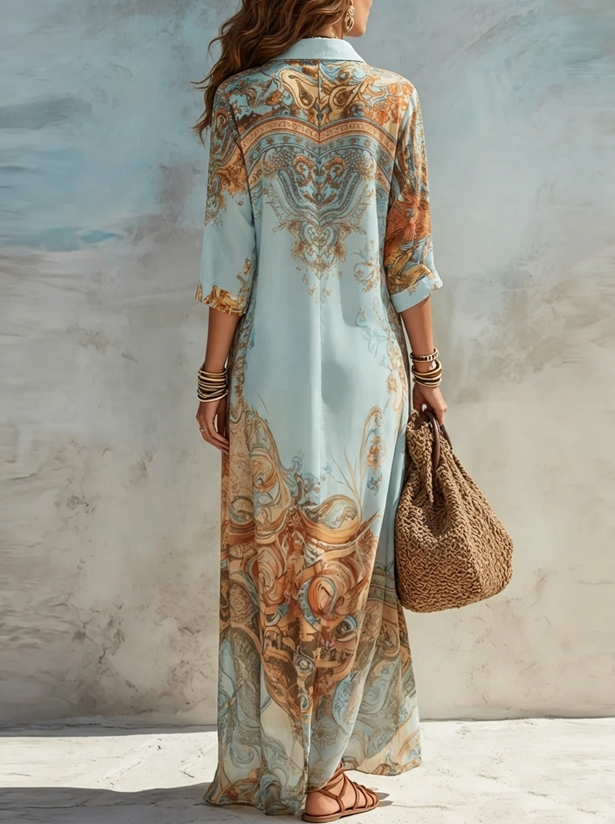 Damen Paisley-Maxikleid in Hellblau mit Hemdkragen