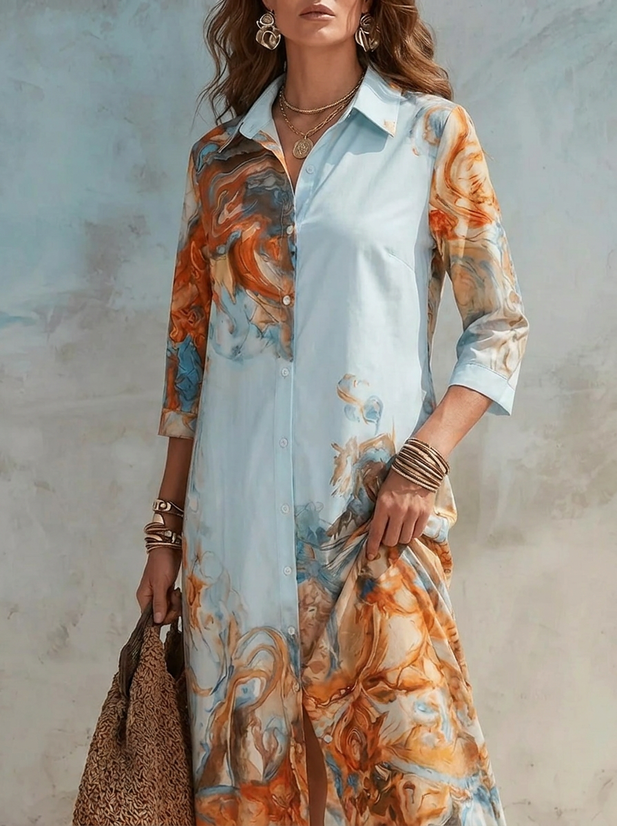 Damen Paisley-Maxikleid in Hellblau mit Hemdkragen