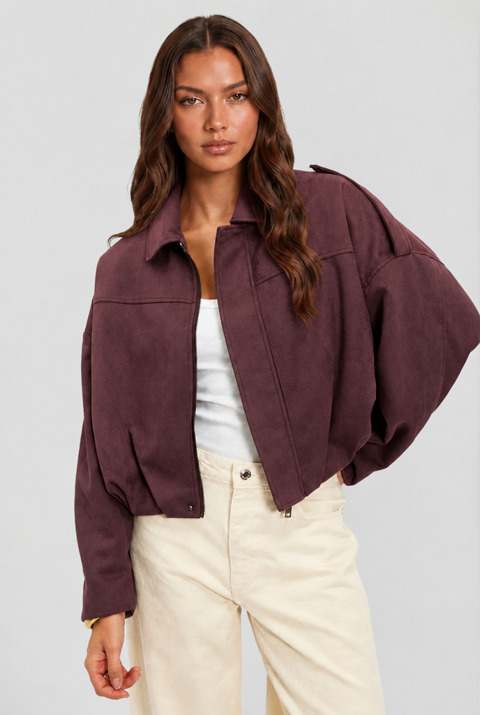 Damen kurze Oversized-Jacke mit Reißverschluss und Umlegekragen