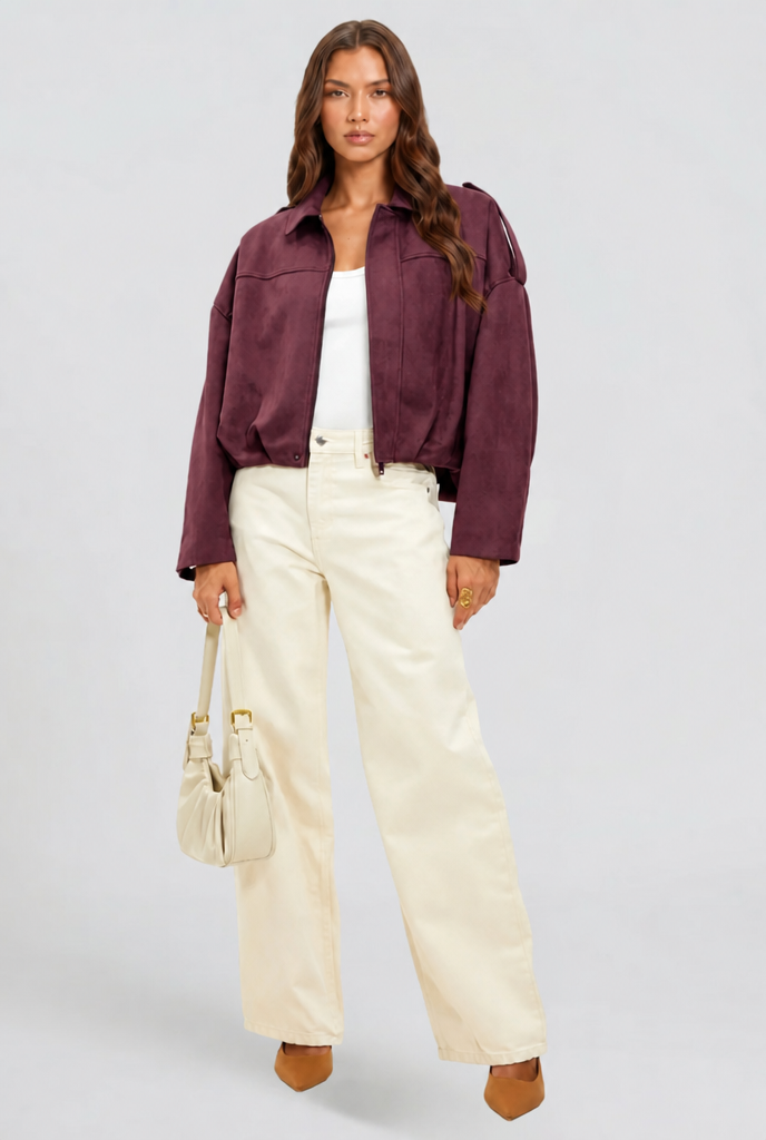 Damen kurze Oversized-Jacke mit Reißverschluss und Umlegekragen