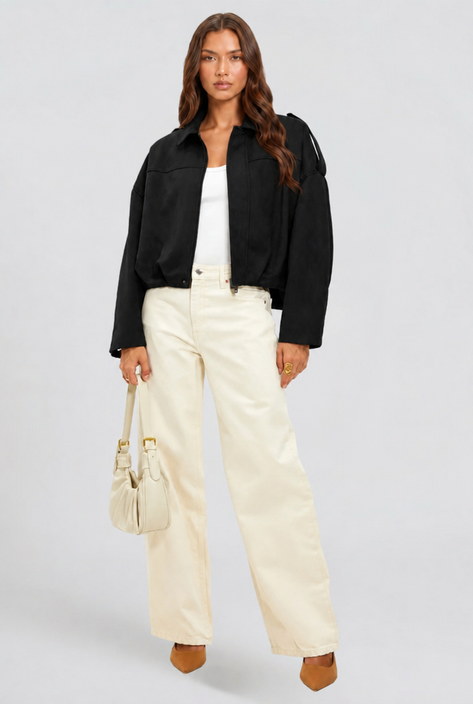 Damen kurze Oversized-Jacke mit Reißverschluss und Umlegekragen
