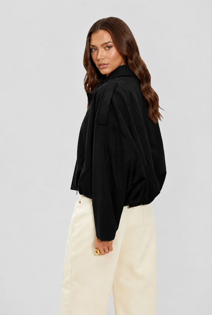 Damen kurze Oversized-Jacke mit Reißverschluss und Umlegekragen