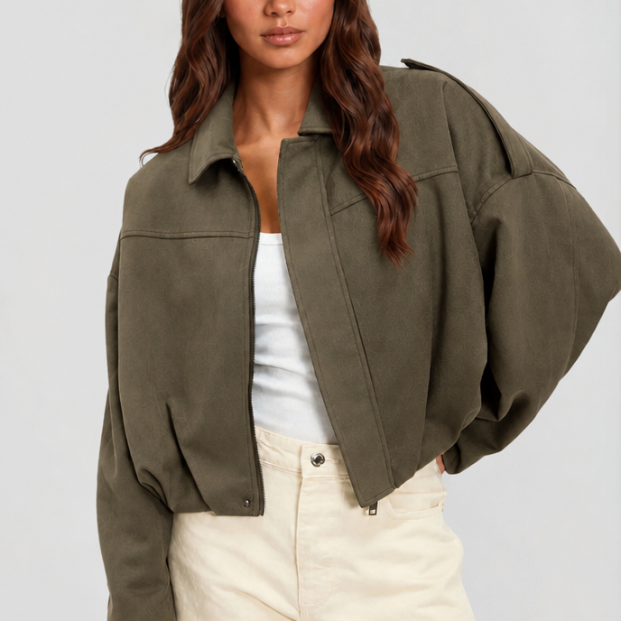 Damen kurze Oversized-Jacke mit Reißverschluss und Umlegekragen