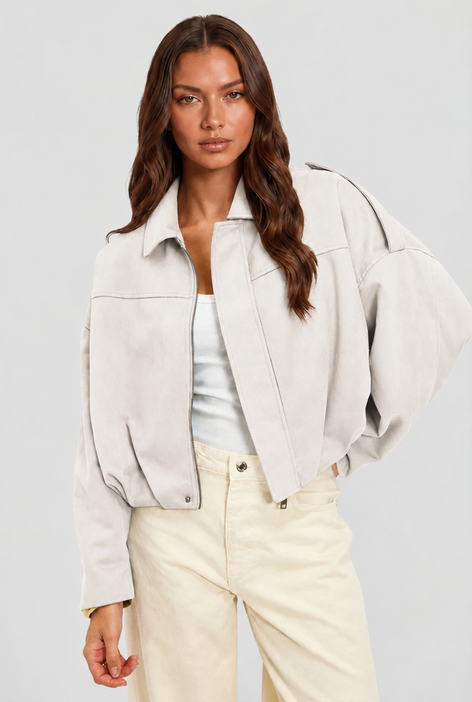 Damen kurze Oversized-Jacke mit Reißverschluss und Umlegekragen