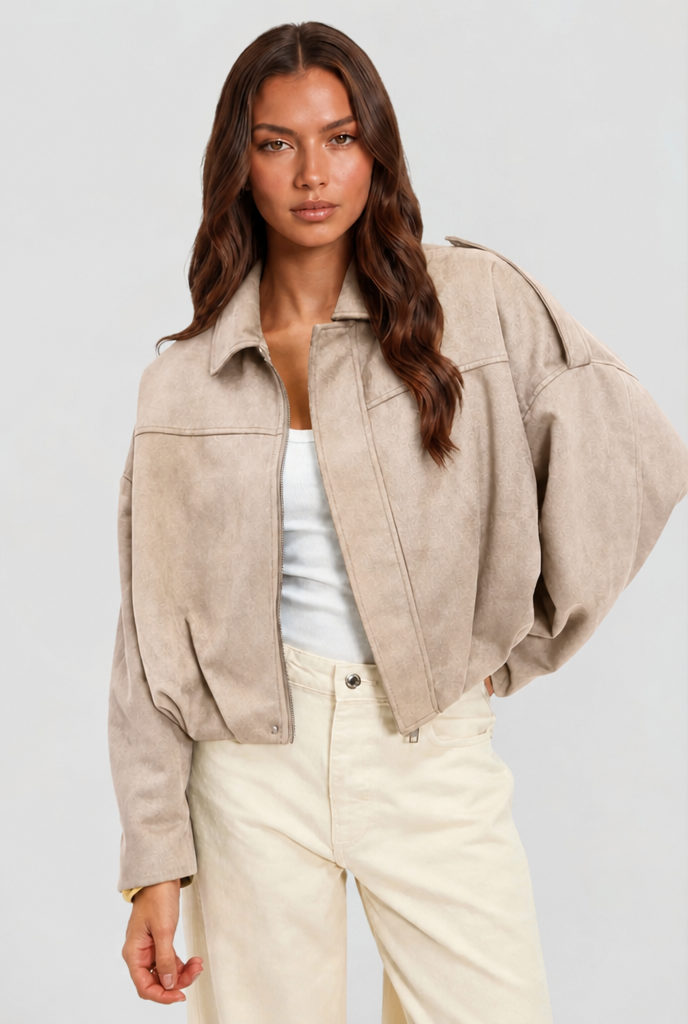 Damen kurze Oversized-Jacke mit Reißverschluss und Umlegekragen