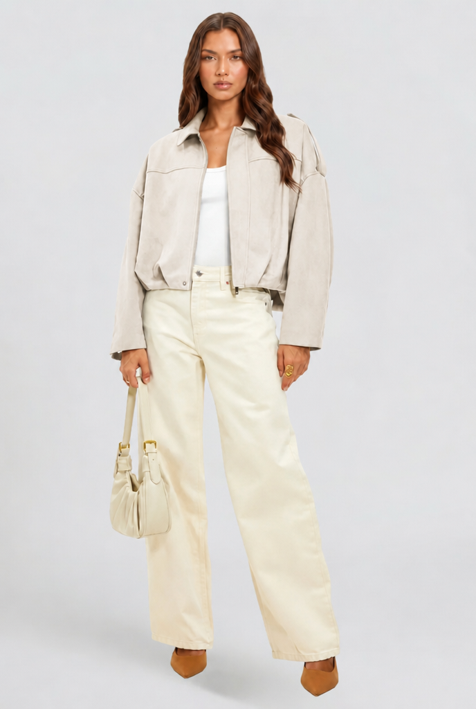 Damen kurze Oversized-Jacke mit Reißverschluss und Umlegekragen