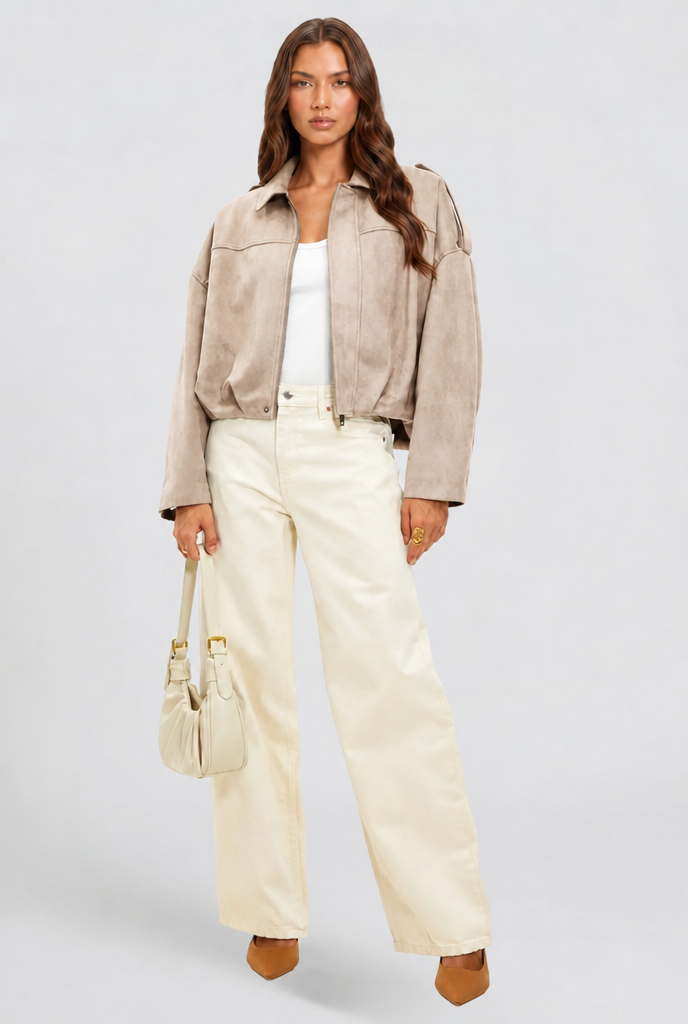 Damen kurze Oversized-Jacke mit Reißverschluss und Umlegekragen