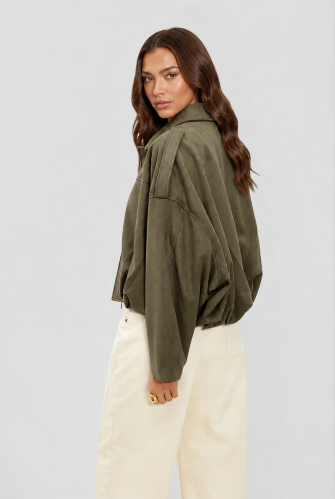 Damen kurze Oversized-Jacke mit Reißverschluss und Umlegekragen