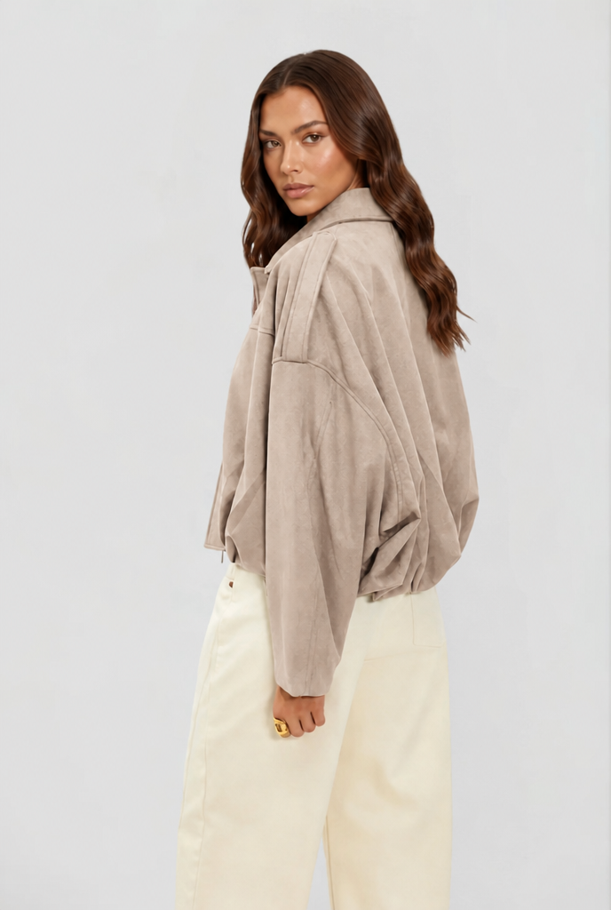 Damen kurze Oversized-Jacke mit Reißverschluss und Umlegekragen