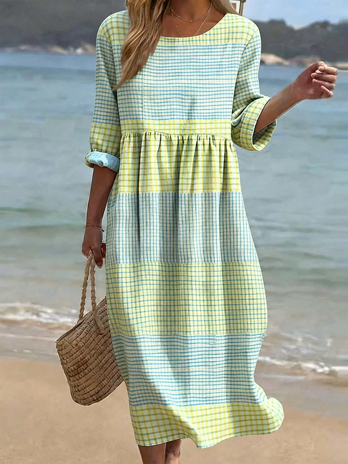 Damen Karo-Freizeitkleid mit Rundhalsausschnitt und halben Ärmeln
