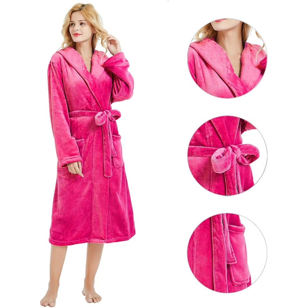 Damen langer Fleece-Bademantel mit Kapuze
