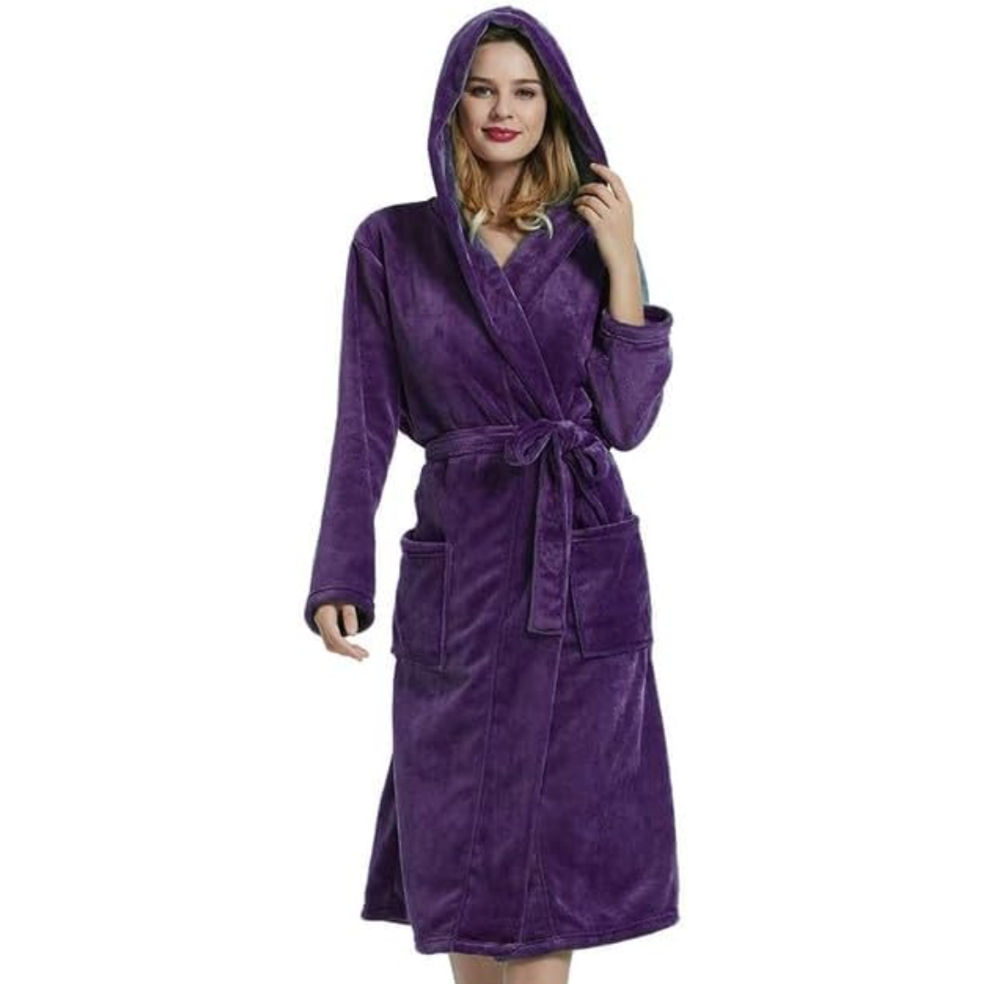 Damen langer Fleece-Bademantel mit Kapuze