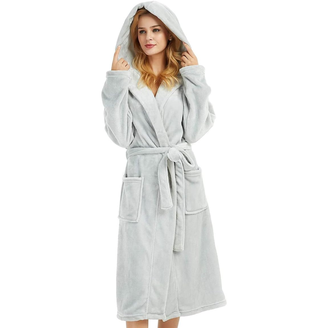 Damen langer Fleece-Bademantel mit Kapuze