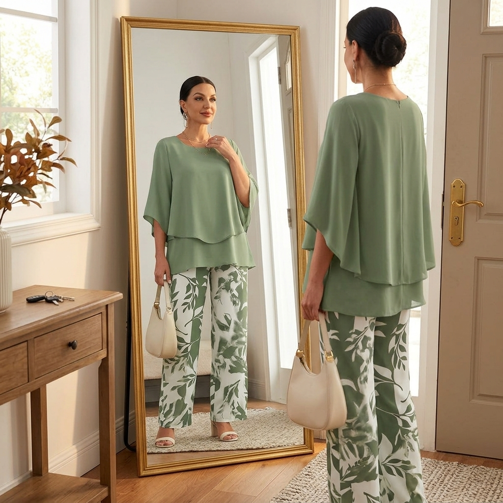 Damen Zweiteiler-Set mit Weitbein-Hose und Blumenprint