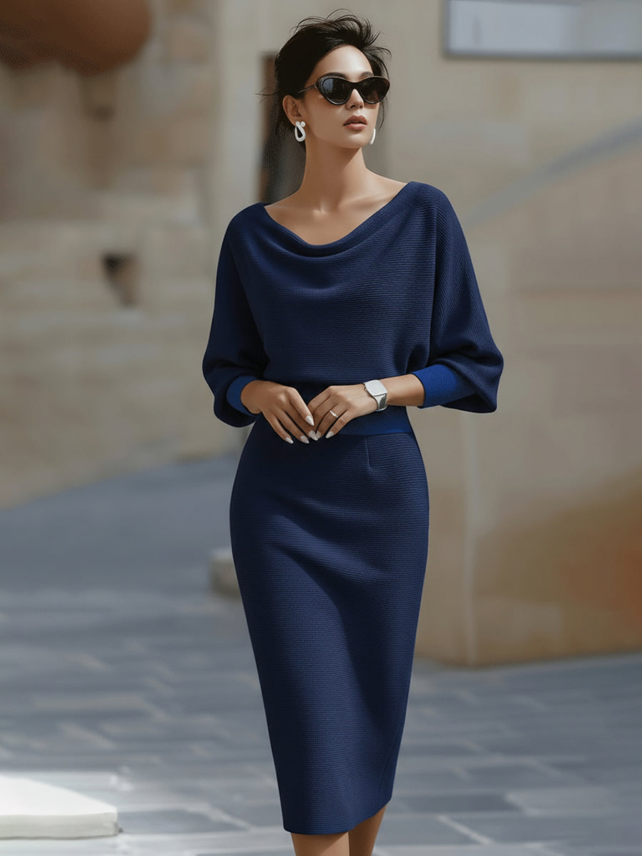 Damen Midikleid mit Rundhalsausschnitt und Fledermausärmeln