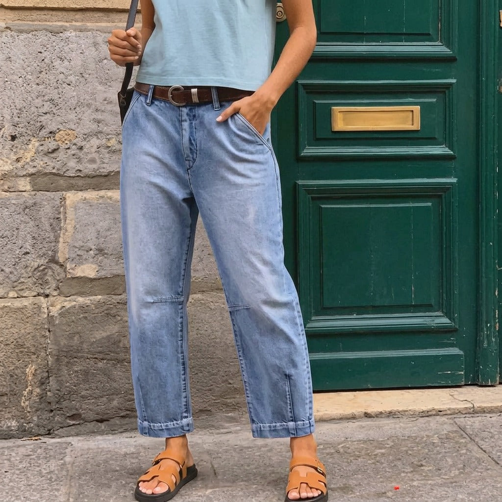 Damen hochtaillierte Barrel-Leg-Jeans mit Frontschlitz