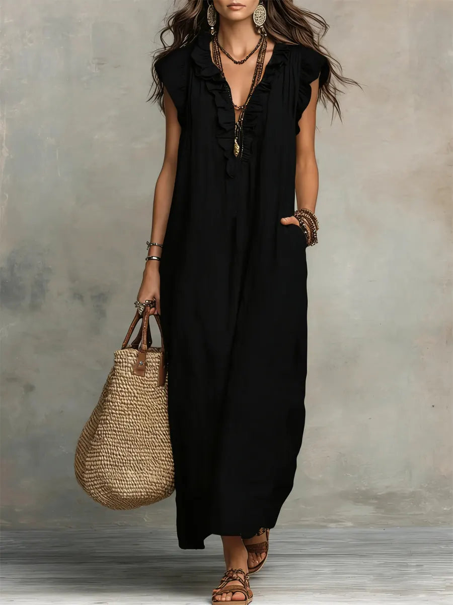 Damen Boho-Kleid aus Leinen-Baumwolle mit Volants