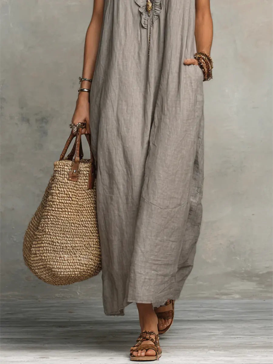 Damen Boho-Kleid aus Leinen-Baumwolle mit Volants