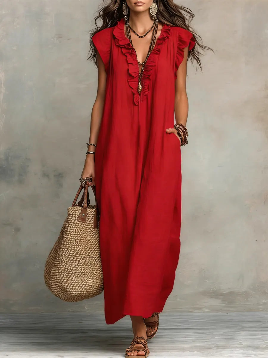 Damen Boho-Kleid aus Leinen-Baumwolle mit Volants