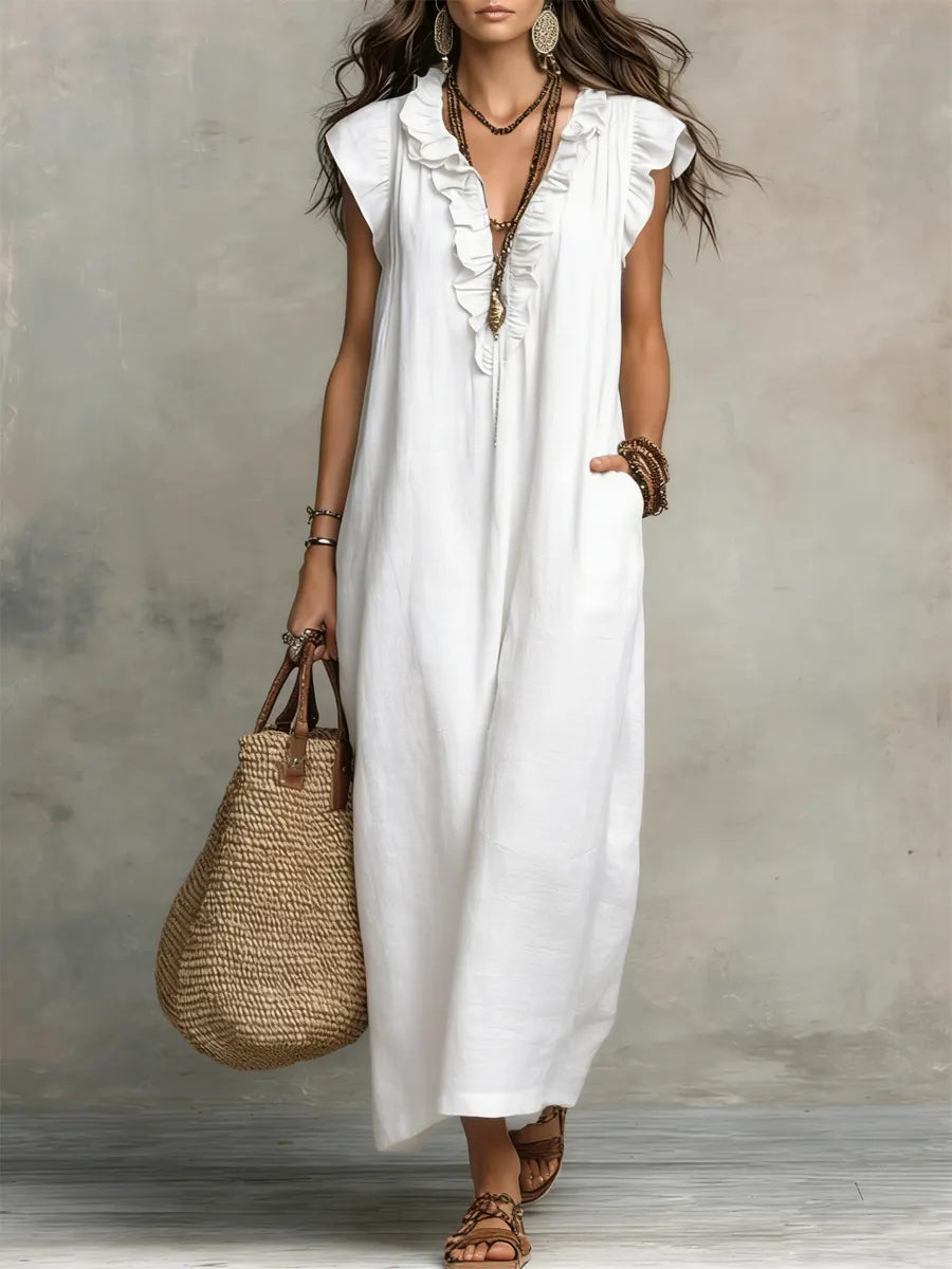 Damen Boho-Kleid aus Leinen-Baumwolle mit Volants