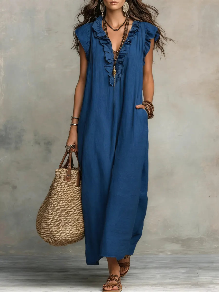 Damen Boho-Kleid aus Leinen-Baumwolle mit Volants