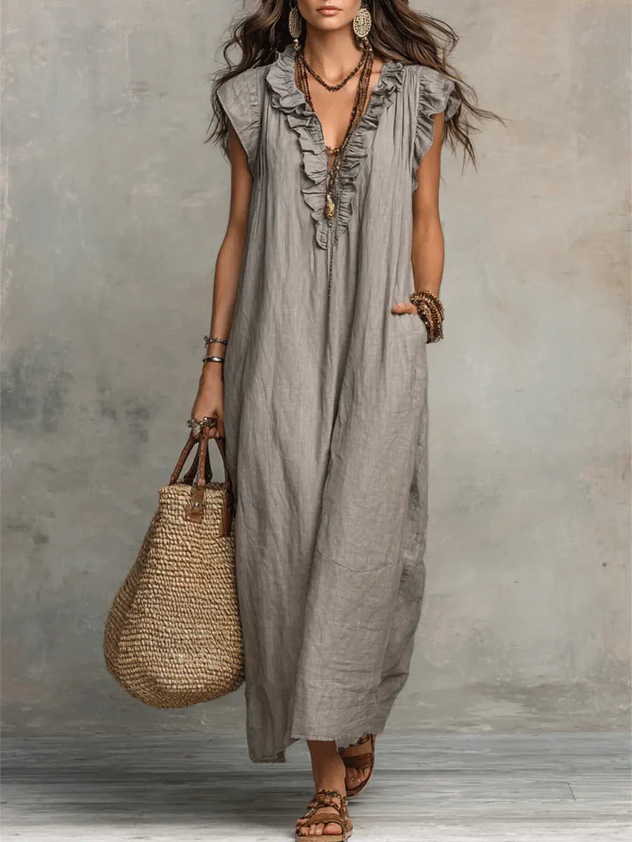 Damen Boho-Kleid aus Leinen-Baumwolle mit Volants