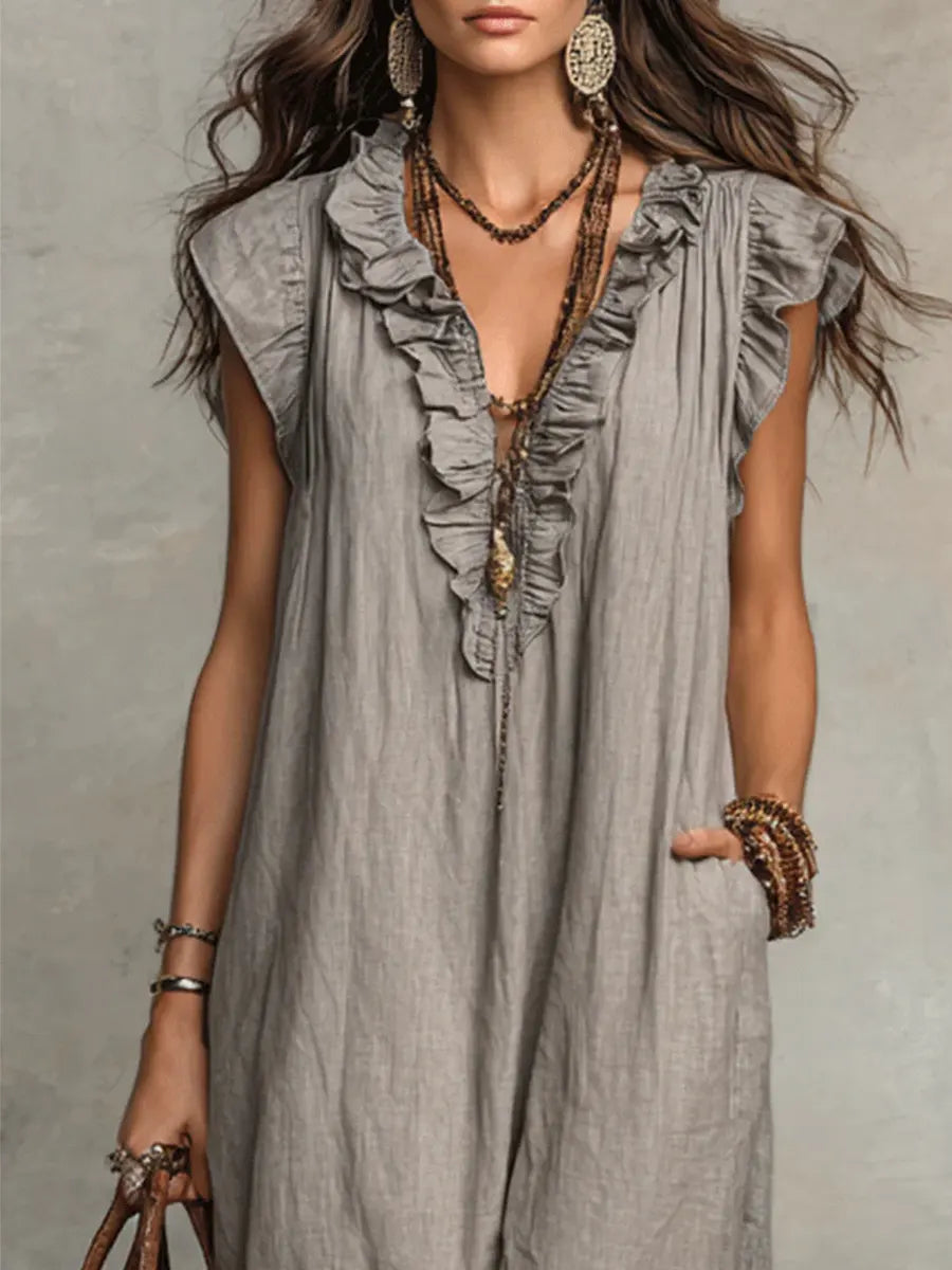 Damen Boho-Kleid aus Leinen-Baumwolle mit Volants