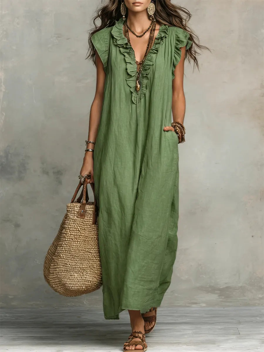 Damen Boho-Kleid aus Leinen-Baumwolle mit Volants