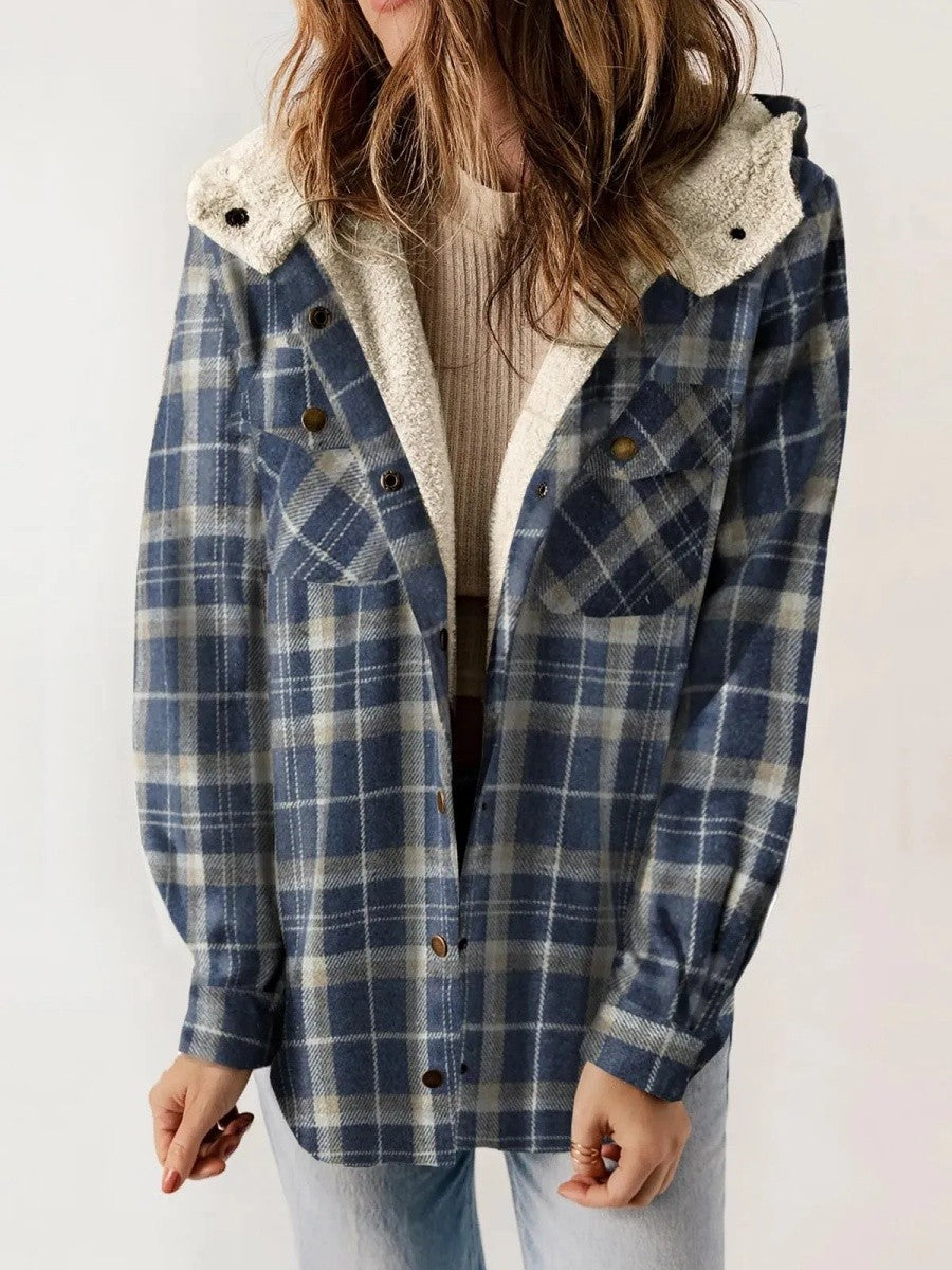 Damen Kapuzenjacke mit Karomuster und Knopfleiste