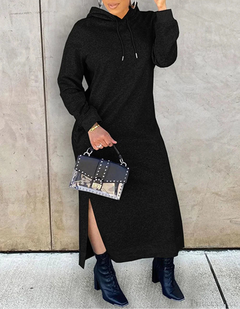 Damen Maxikleid mit Kapuze und hohem Seitenschlitz