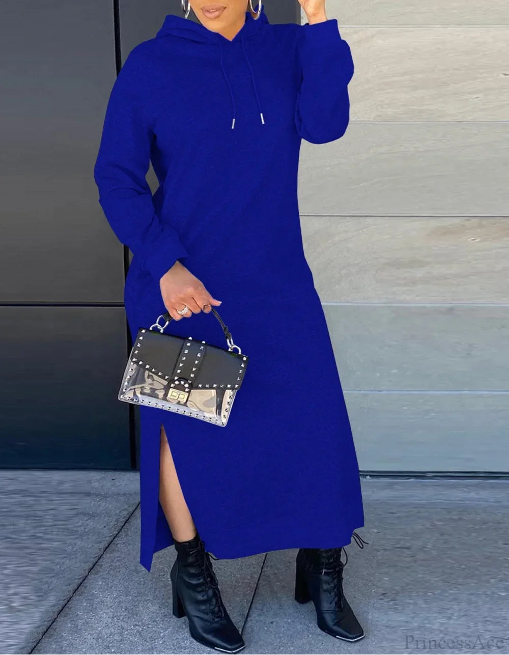 Damen Maxikleid mit Kapuze und hohem Seitenschlitz