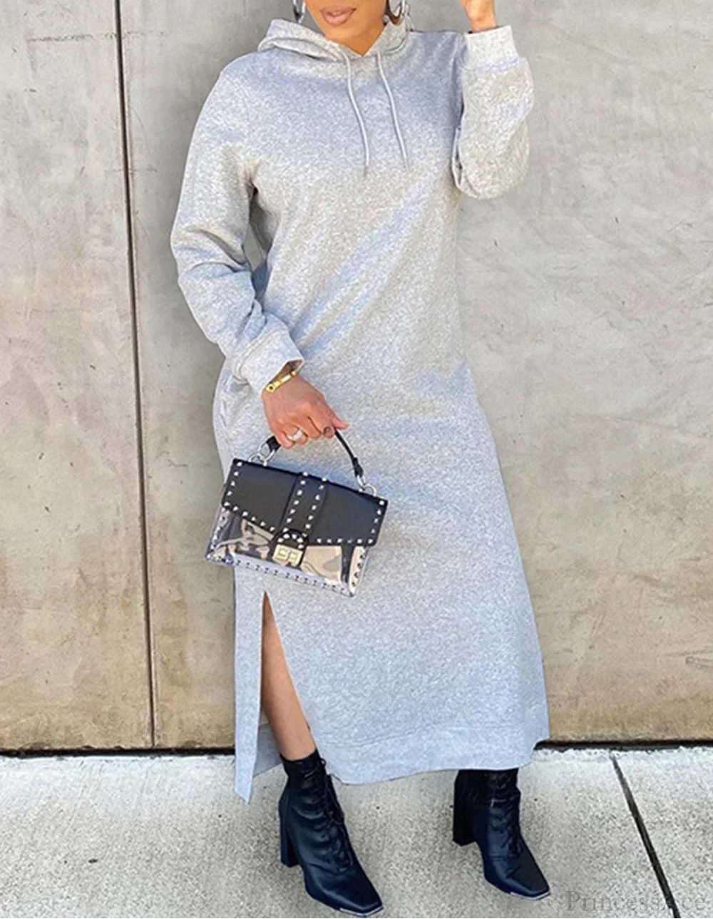 Damen Maxikleid mit Kapuze und hohem Seitenschlitz