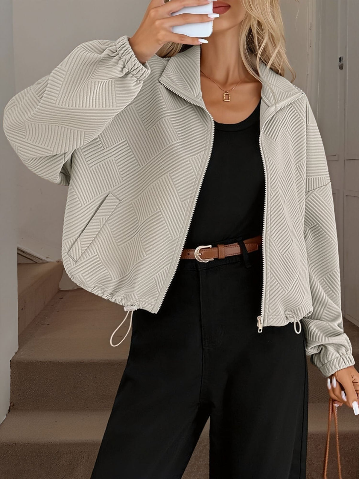 Damen Baseballjacke mit Reißverschluss und Kordelzug