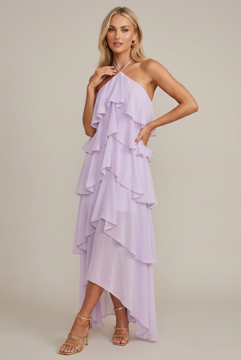 Damen Maxikleid Blumen Halter Gerüscht Etagen