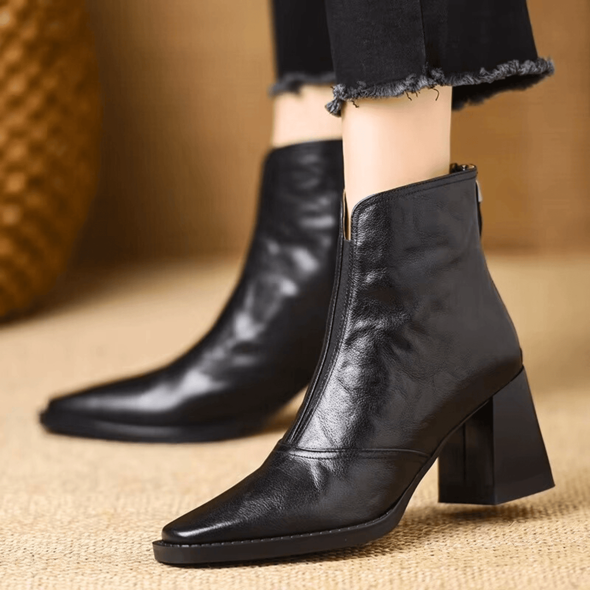 Damen Stiefeletten mit Blockabsatz und Rückenreißverschluss