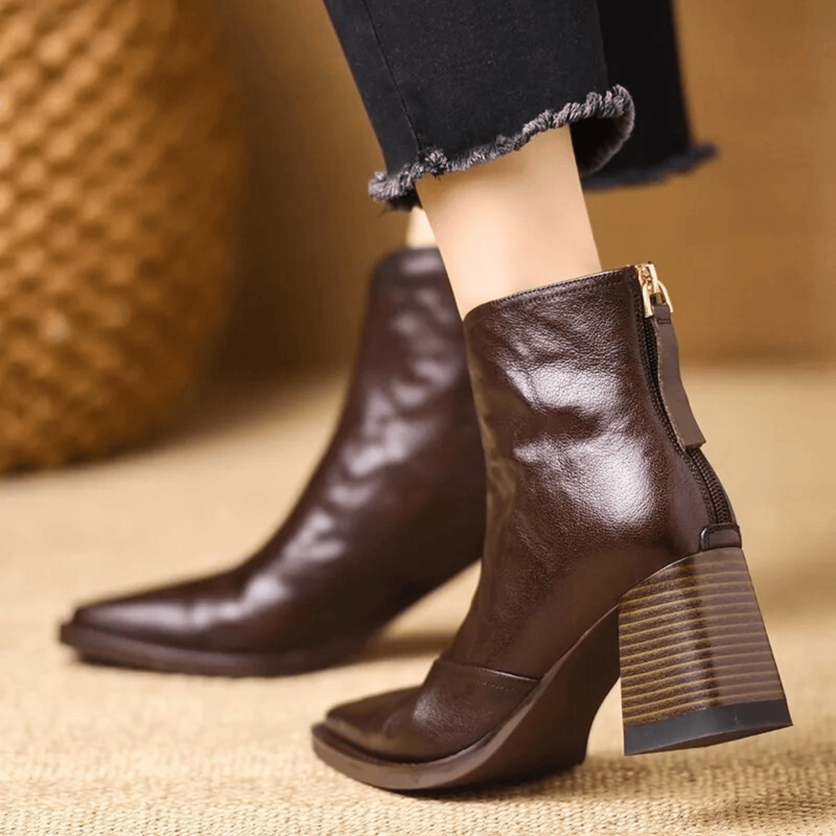 Damen Stiefeletten mit Blockabsatz und Rückenreißverschluss