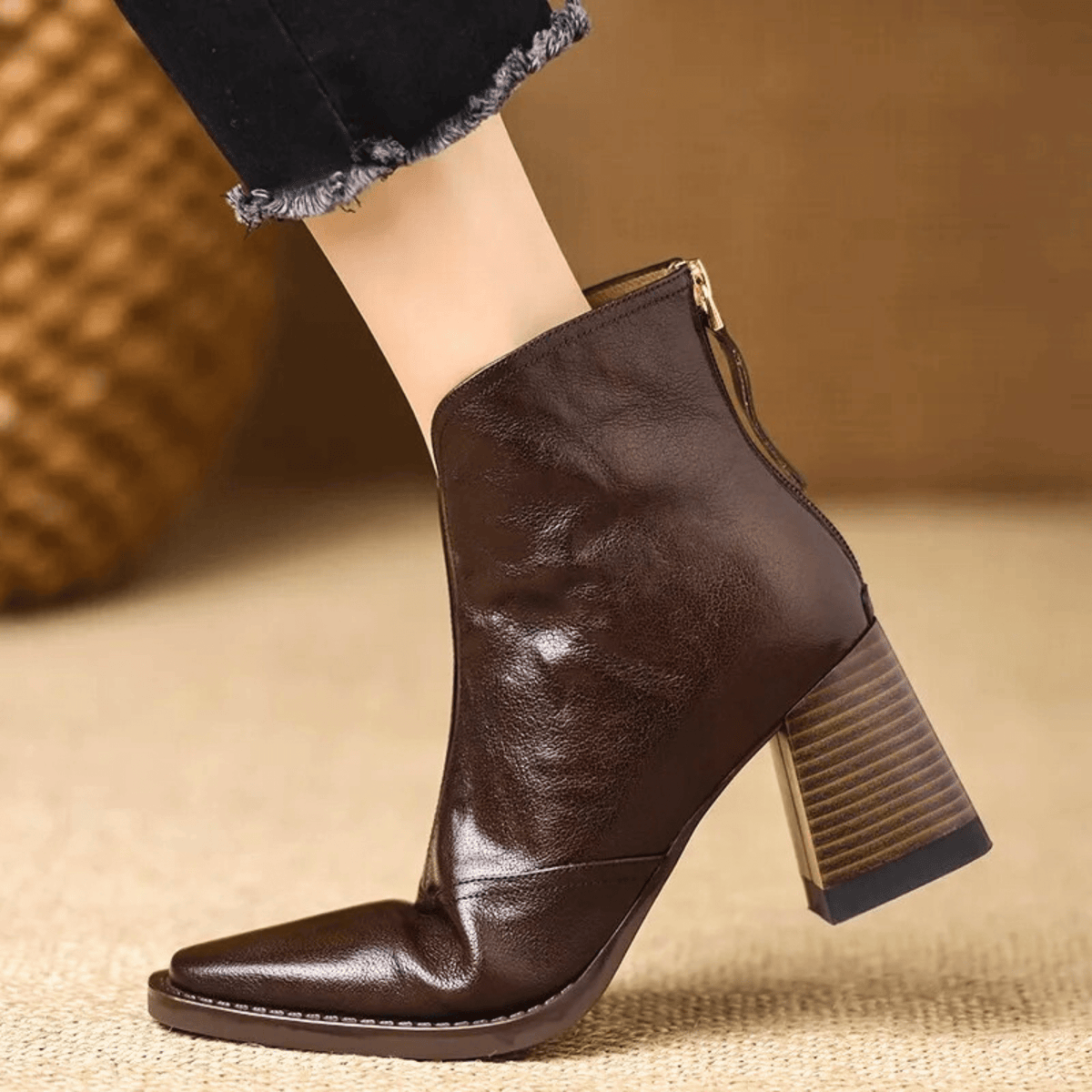 Damen Stiefeletten mit Blockabsatz und Rückenreißverschluss